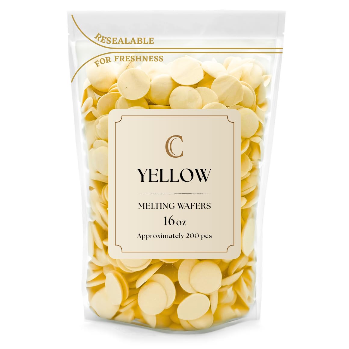 KIDU Merckens melting wafers in yellow bulk bag for smooth dipping and glossy coatings.