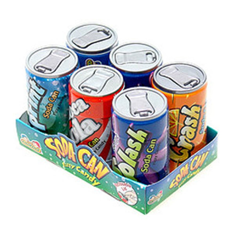 Kidsmania Soda Cans Fizzy Candy six-pack, colorful cans for sharing snacks.