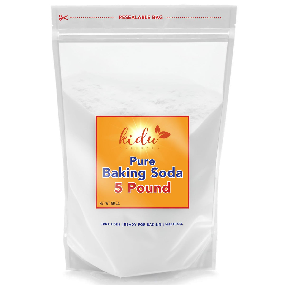 KIDU baking soda bulk 5-lb pack shown for versatile cleaning and odor control.