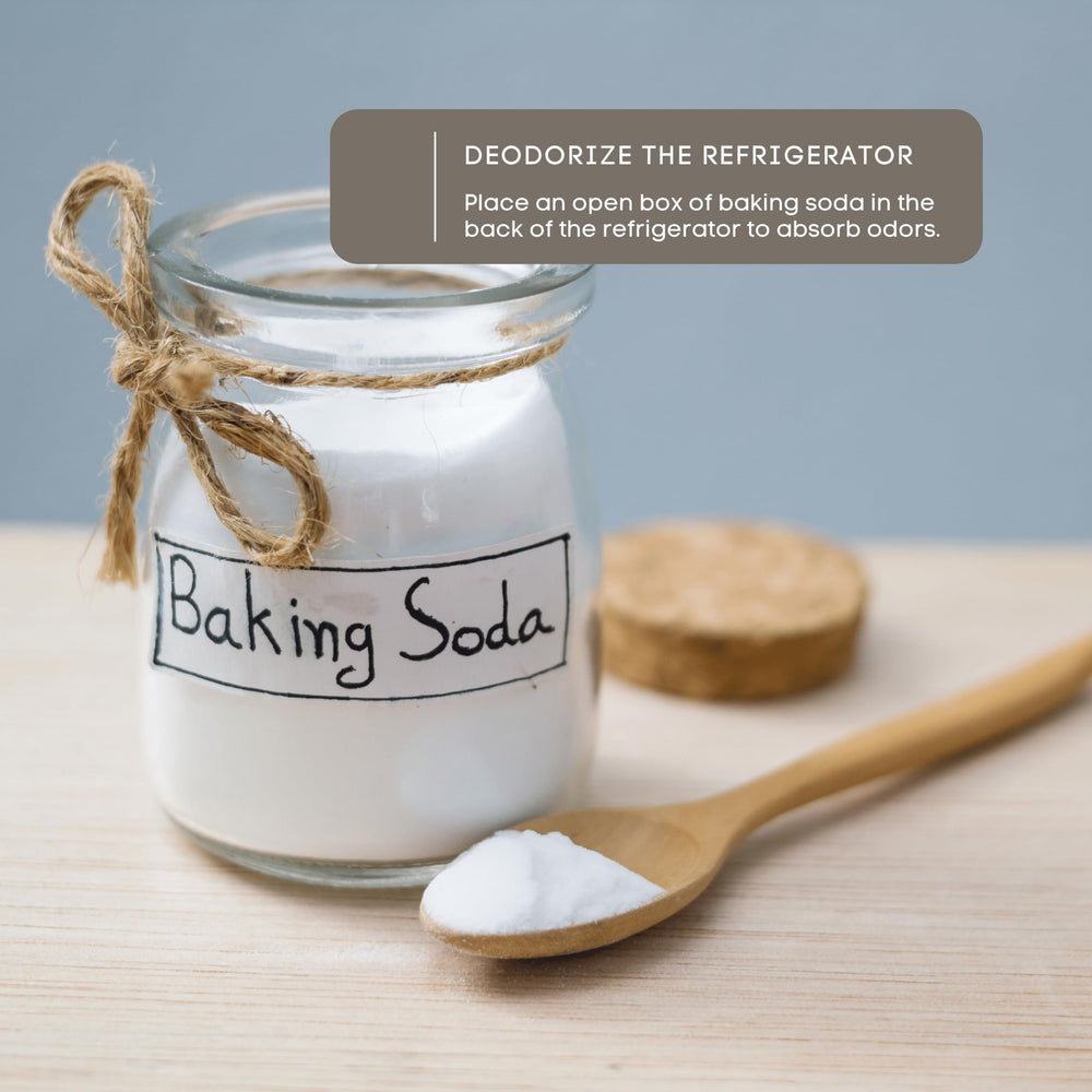 KIDU baking soda on countertops illustrating gentle cleaning power.