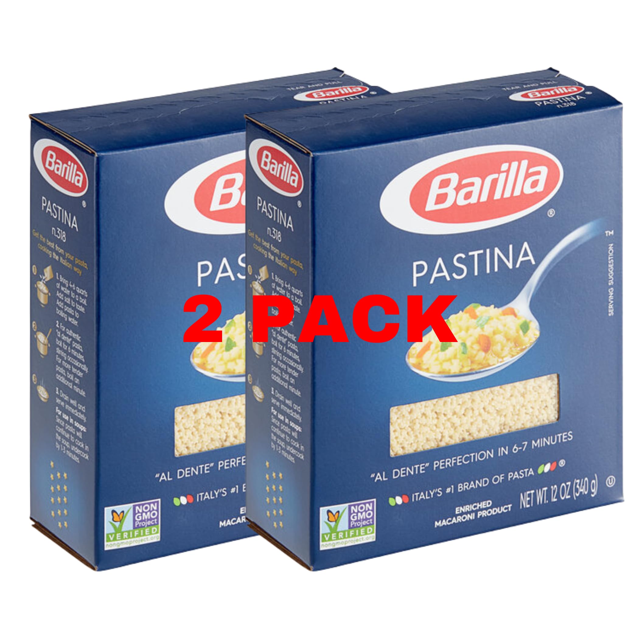 KIDU Barilla Pastina packaging with two 12-ounce bags, convenient family-sized set.