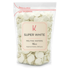 KIDU white chocolate melting wafers in a resealable bag for bulk use.