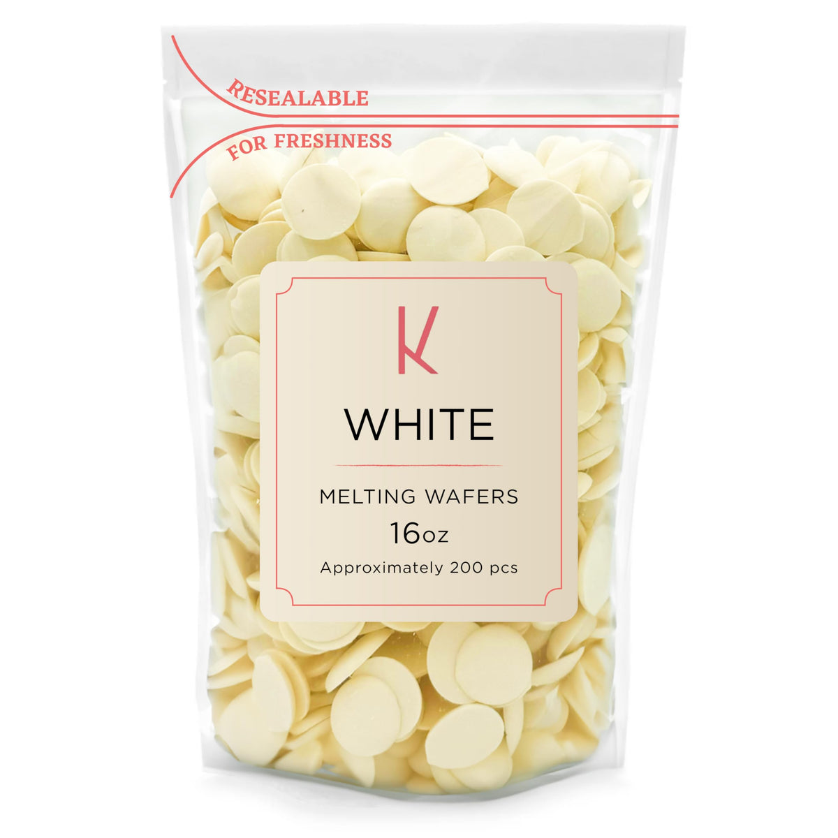 KIDU chocolate melting wafers in a 1 lb white bulk bag, ideal for dipping.