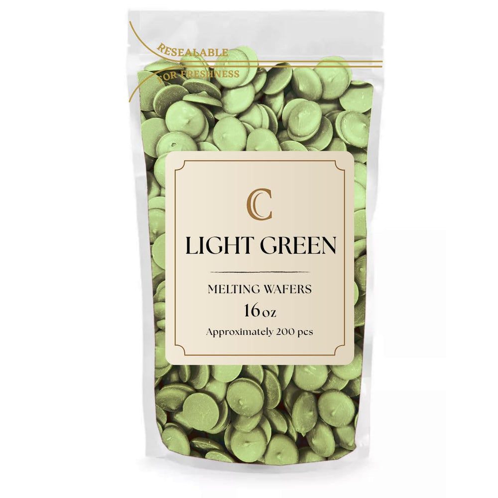 KIDU Merckens chocolate melting wafers bulk 1 lb in light green, ideal for smooth dipping.