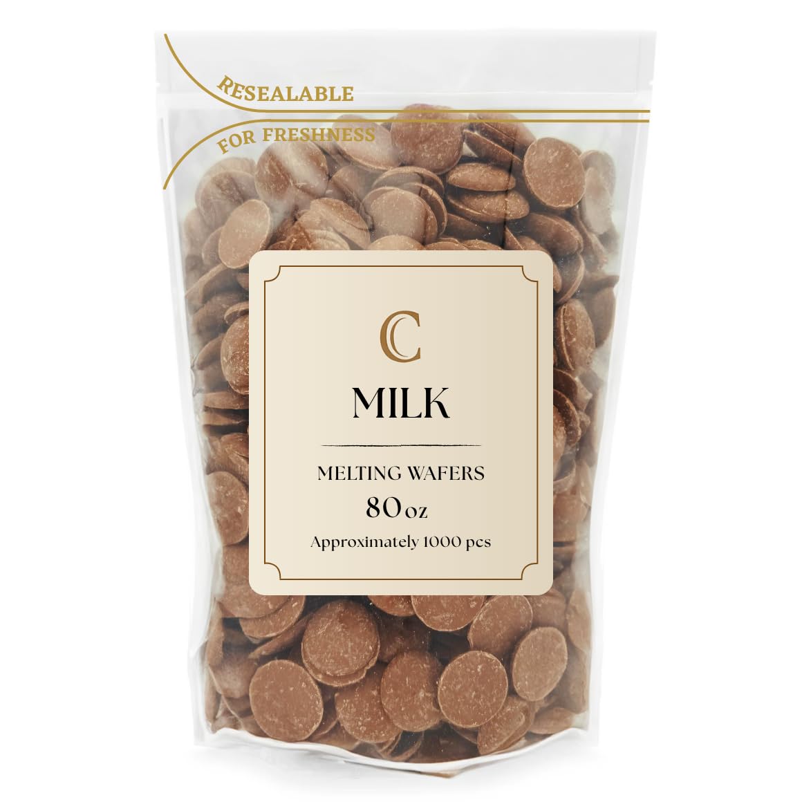 KIDU Merckens Milk Wafers bulk bag ready for baking and dipping projects.