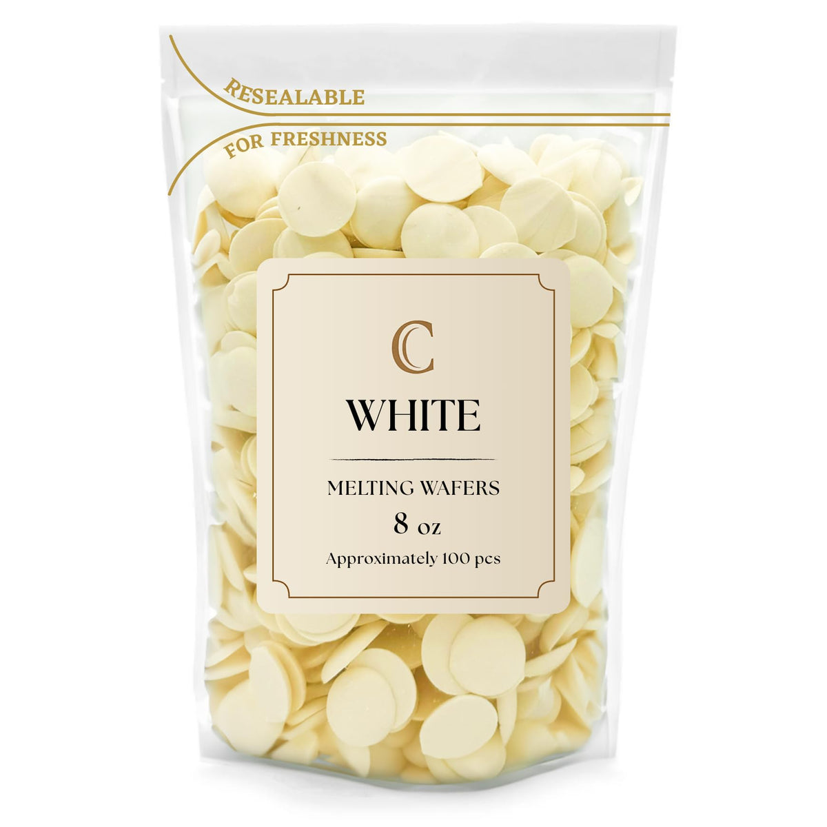 KIDU Merckens white wafers 8oz bulk bag ready for dipping and glossy finishes.