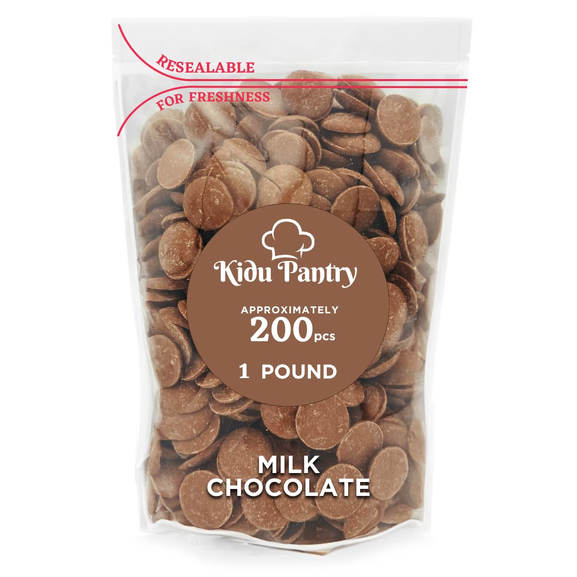 KIDU Pantry melting chocolate wafers in a bulk resealable bag, ideal for easy baking.