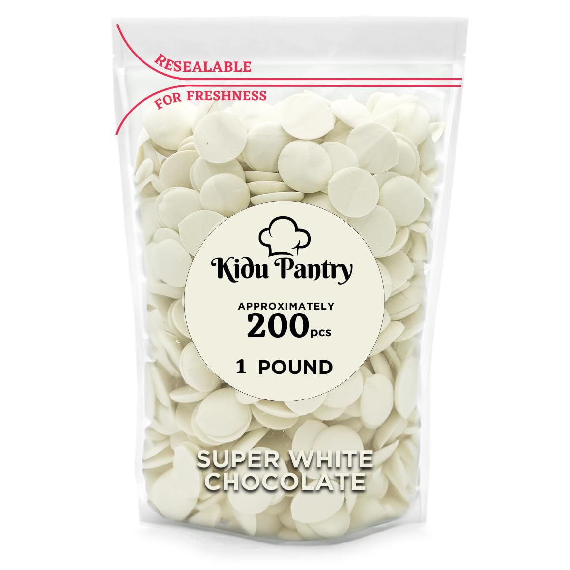 KIDU Pantry melting chocolate wafers bulk in resealable bag for easy baking.