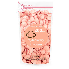 KIDU Pantry pink melting chocolate wafers in a 1 lb bulk bag ready for baking.