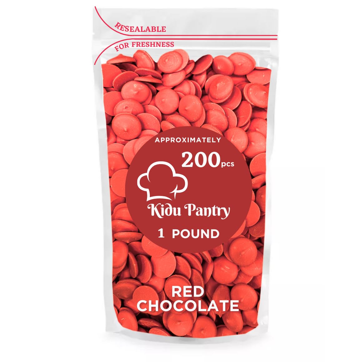 KIDU Pantry melting chocolate wafers in a red bag, ideal for dipping and coating.