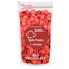 KIDU Pantry melting chocolate wafers in a red bag, ideal for dipping and coating.