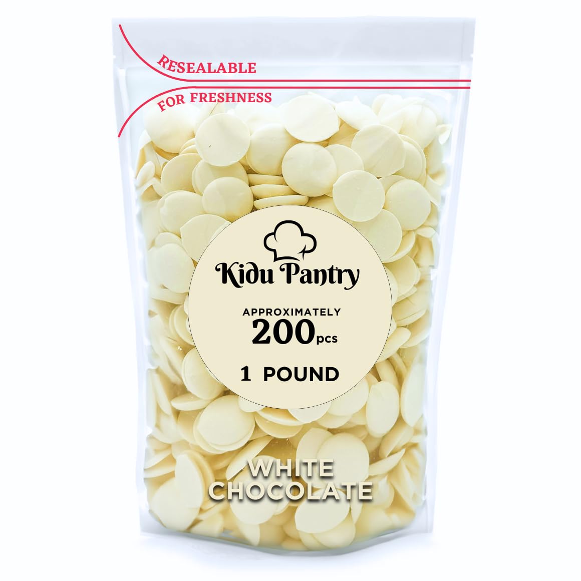 KIDU Pantry melting chocolate wafers in a white resealable bag for easy storage