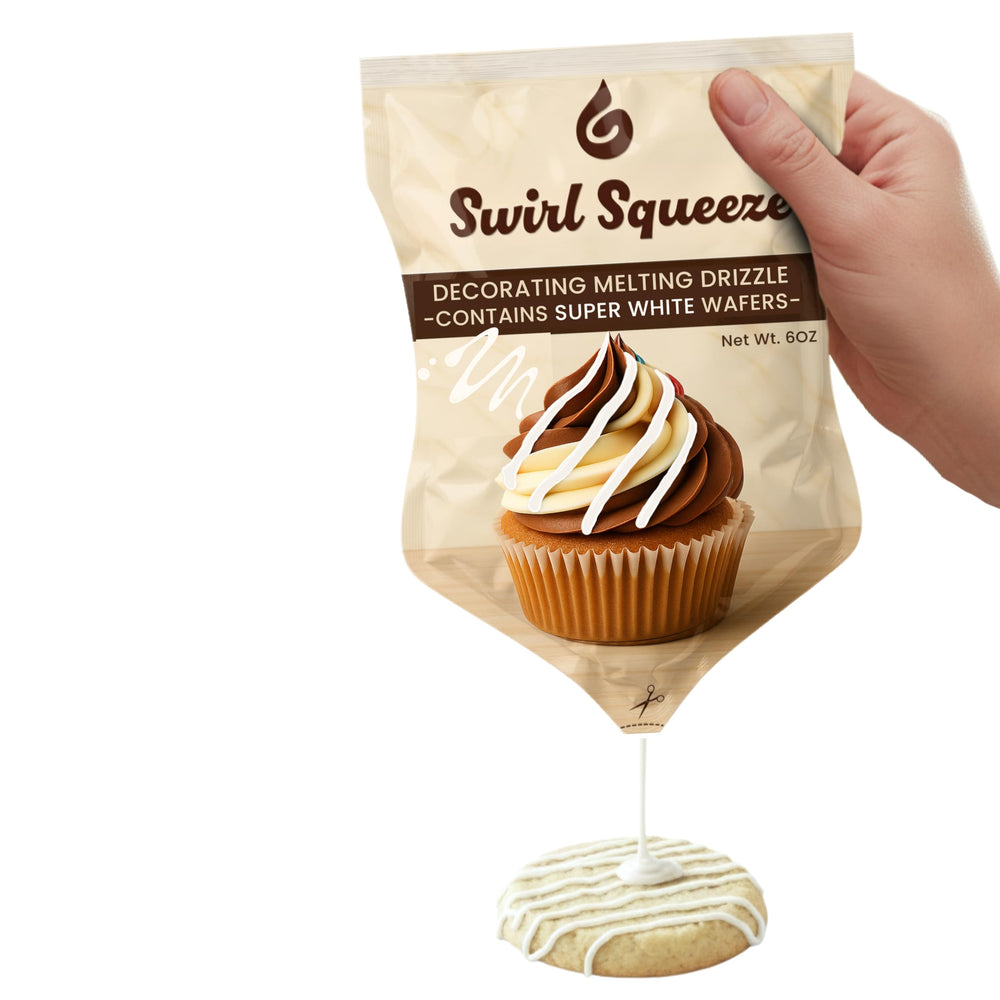 KIDU pre-filled microwavable chocolate bag ready to drizzle on cookies