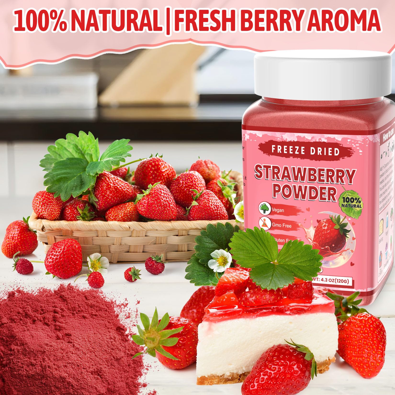 Kiigfood strawberry powder in a dusty pink bowl for desserts