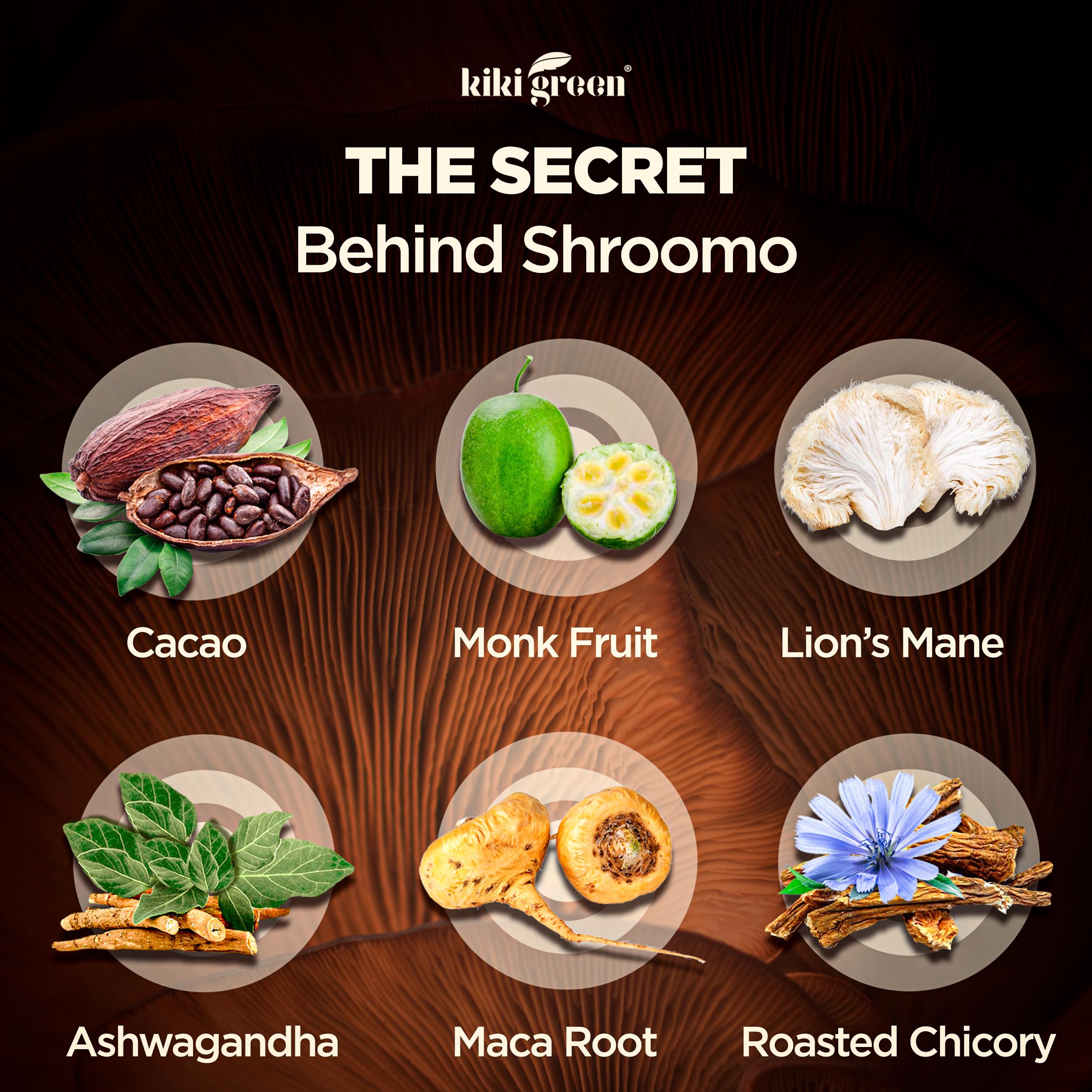 KIKI Green Shroomo ashwagandha maca blend bottle promotes balance