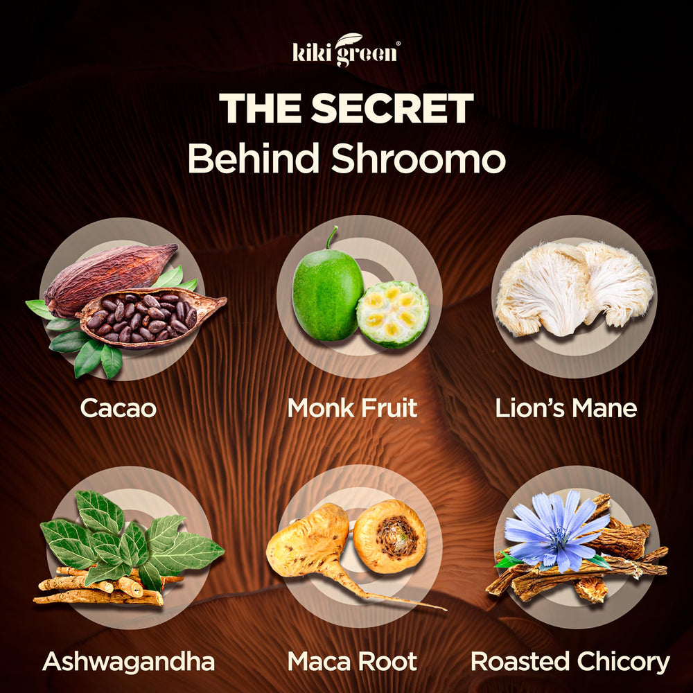 KIKI Green Shroomo ashwagandha maca blend bottle promotes balance