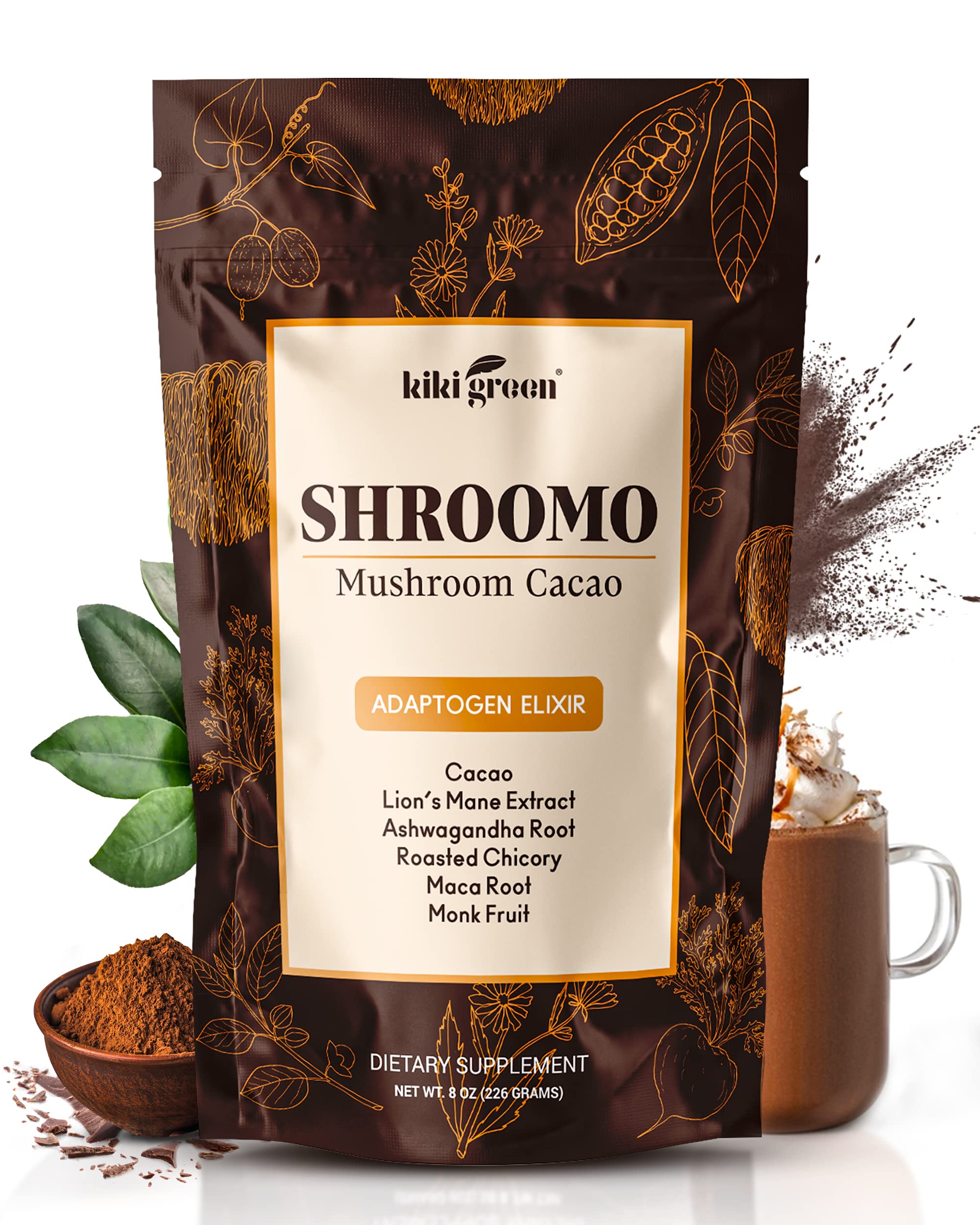 KIKI Green Shroomo cacao hot chocolate cup ready for focused energy