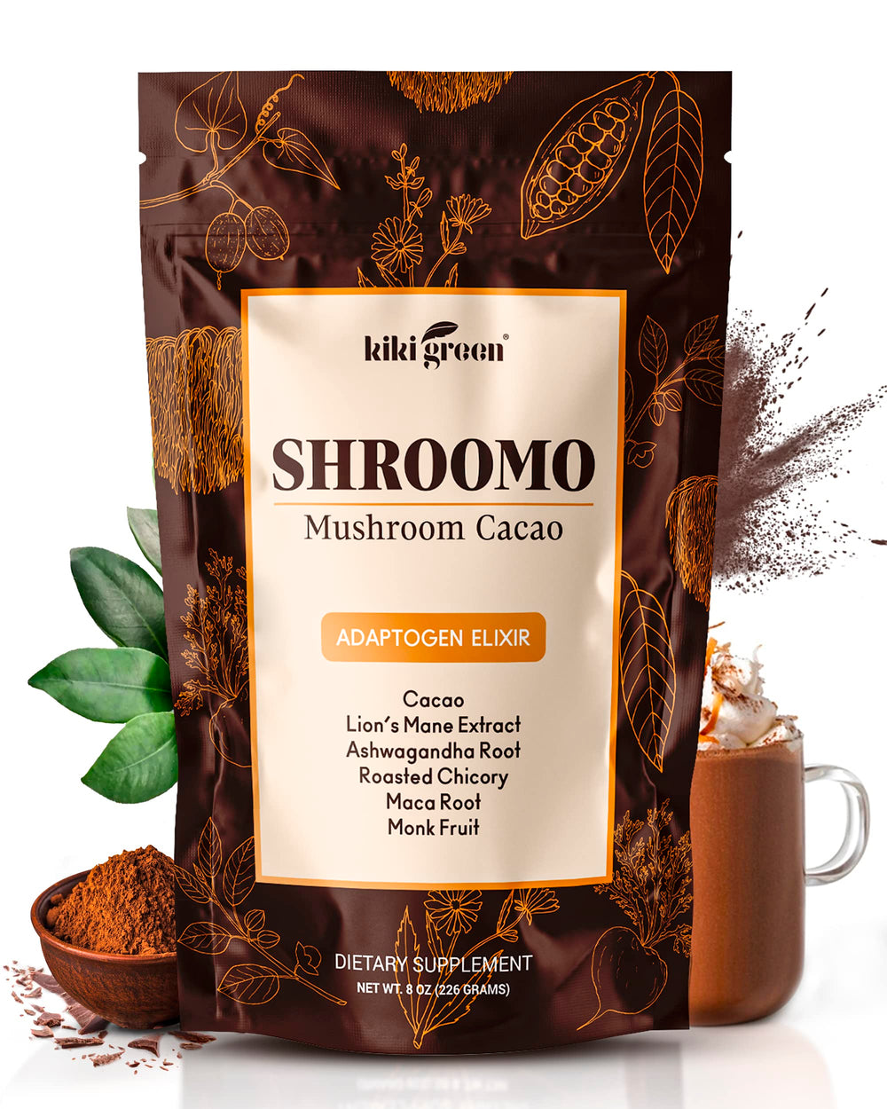 KIKI Green Shroomo cacao hot chocolate cup ready for focused energy