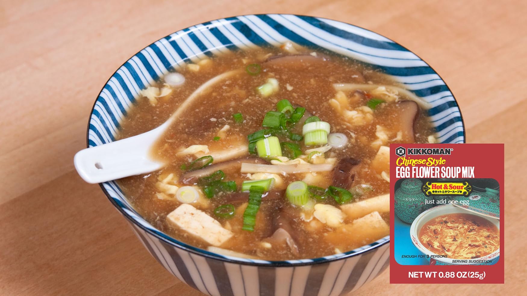 Kikkoman Egg Flower Soup Hot and Sour pack close-up highlights convenient single-serve sachets
