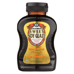 Kikkoman Glaze Soy Sweet Sauce jar close-up showing rich color.