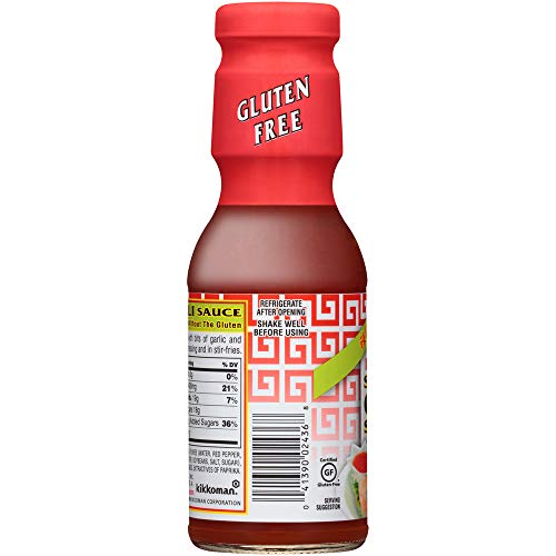 Kikkoman gluten-free sauce with garlic and chili bits for dipping flavor.