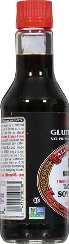 Kikkoman gluten-free tamari bottle closeup reveals deep aroma