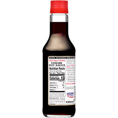 Kikkoman tamari label close-up showing non-GMO and gluten-free features