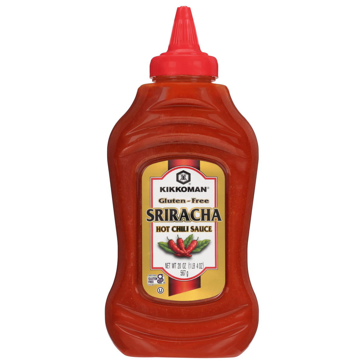 Kikkoman Gluten-Free Sriracha jar label shows bold color and gluten-free assurance.