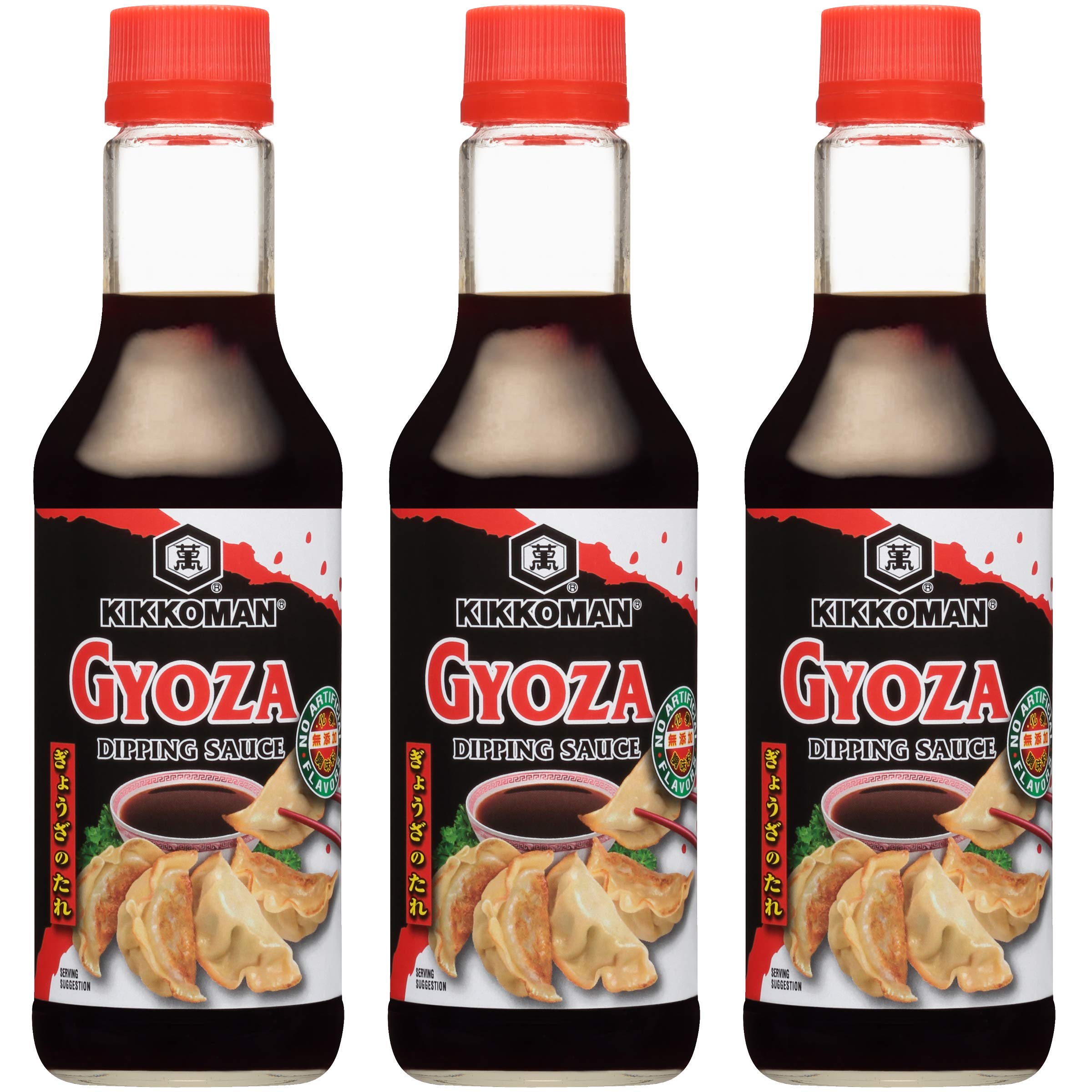 Kikkoman Gyoza Dipping Sauce bottle closeup for rich, versatile dipping with dumplings