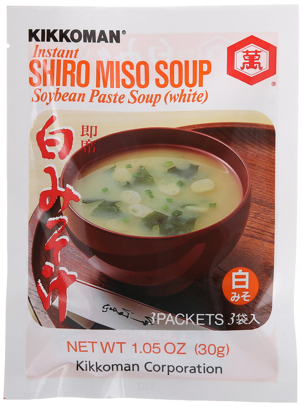 Kikkoman Instant Shiro Miso Soup front packaging, quick lunch option.