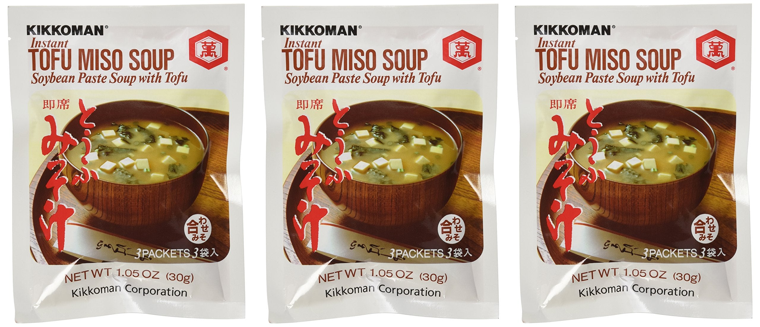 Kikkoman Instant Tofu Miso Soup with tofu cubes, quick comforting snack or meal starter.