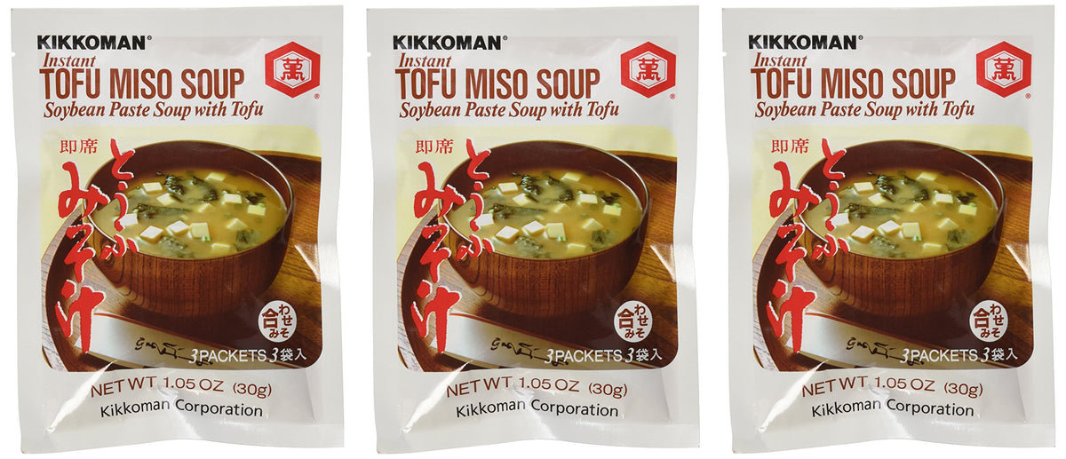 Kikkoman Instant Tofu Miso Soup with tofu cubes, quick comforting snack or meal starter.