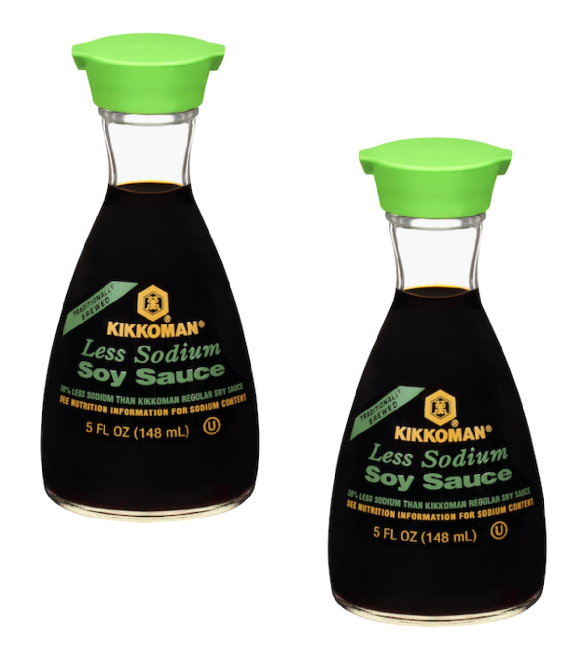 Kikkoman Less Sodium Soy Sauce dispenser bottles for easy, controlled flavor.