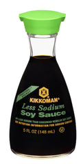 Kikkoman Less Sodium Soy Sauce label close-up showing traditional brew and branding.