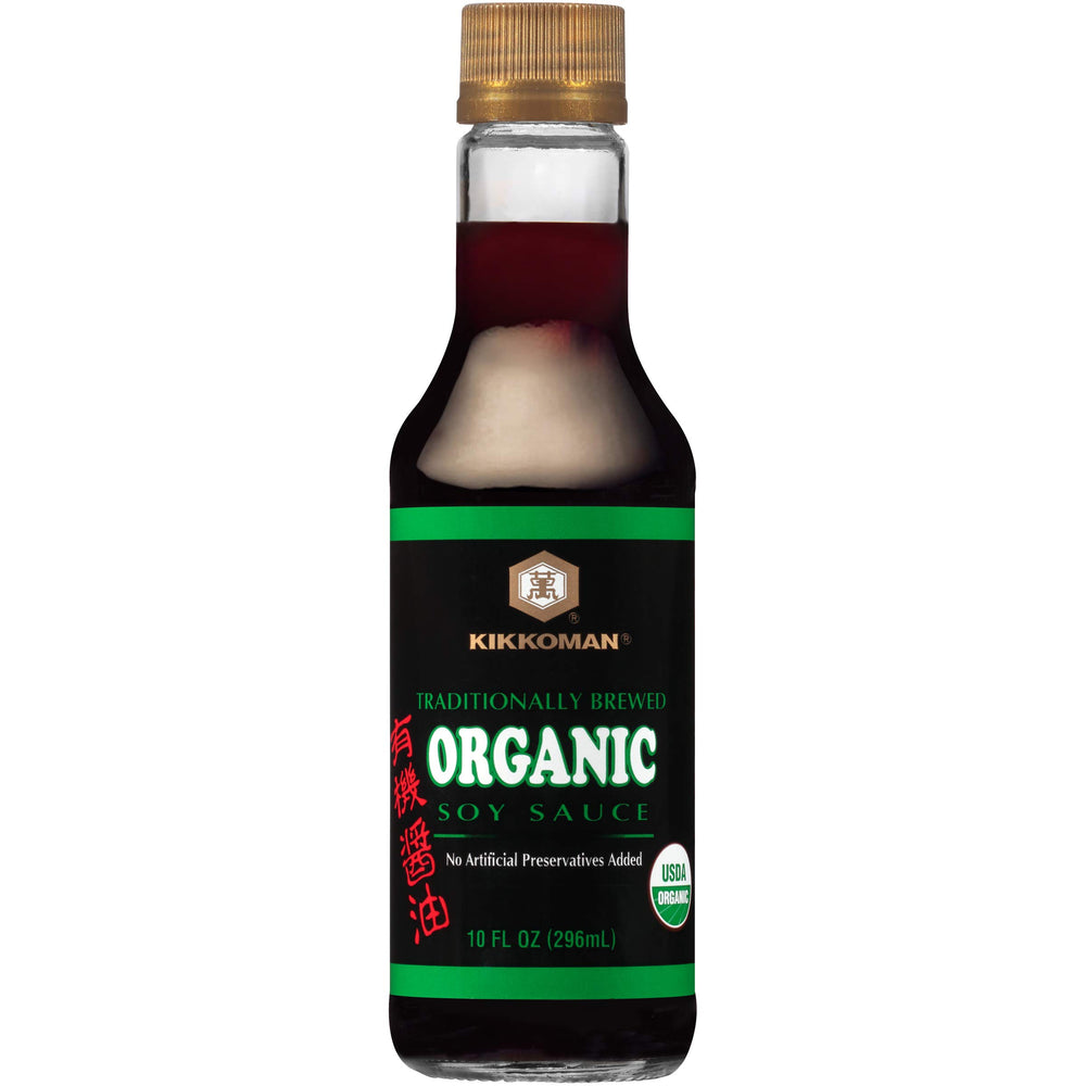 Kikkoman Organic Soy Sauce bottle front, versatile seasoning for pan sauces and marinades