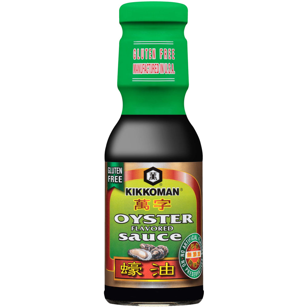 Kikkoman Oyster Sauce bottle close-up for rich stir-fry flavor.