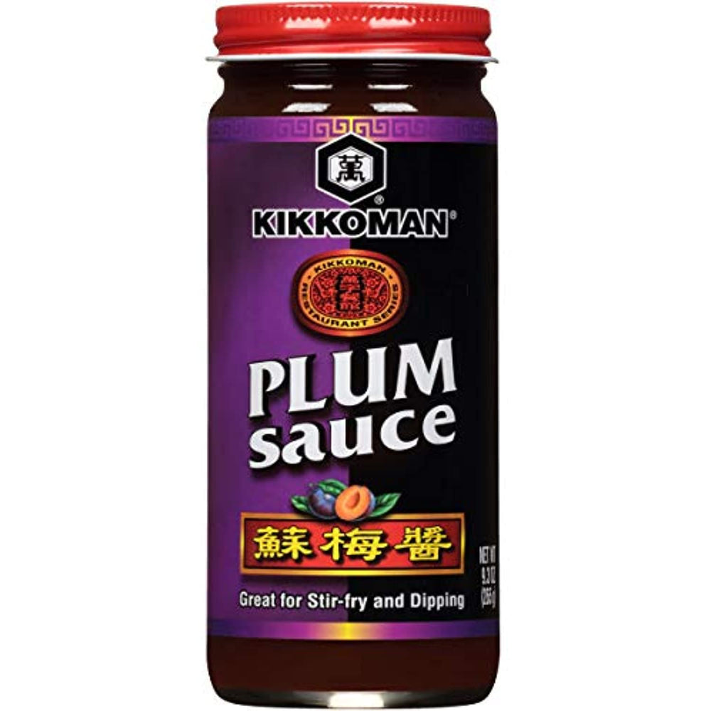 Kikkoman Plum Sauce bottle close-up showing a sweet-tangy glaze for dipping.