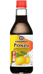 Kikkoman Ponzu bottle front highlighting citrus-soy balance for versatile meals.