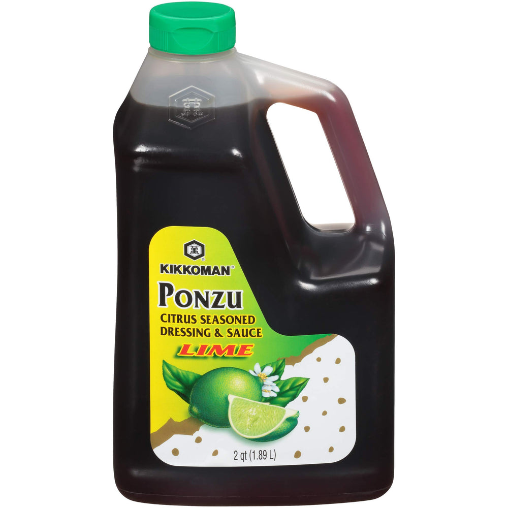 Kikkoman Ponzu Lime close-up bottle with limes highlighting citrus notes.