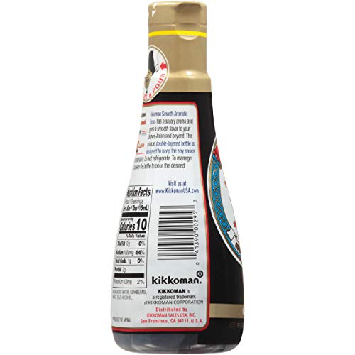 Kikkoman Smooth Aromatic Soy Sauce product shot highlights elegant packaging.
