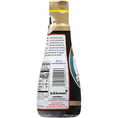 Kikkoman Smooth Aromatic Soy Sauce product shot highlights elegant packaging.