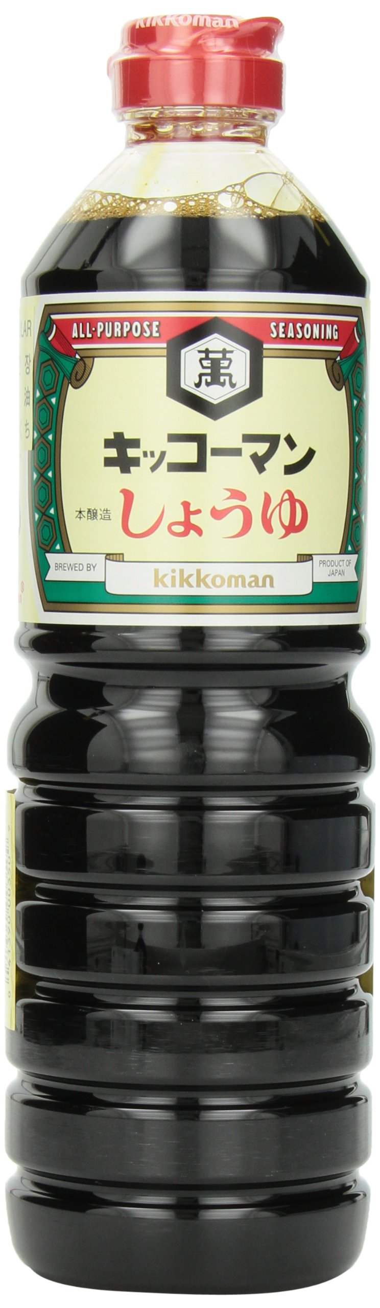 Kikkoman soy sauce bottle, 33.8 oz, versatile all‑purpose seasoning.
