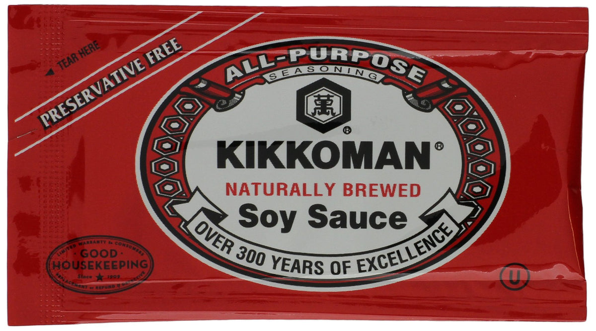 Kikkoman soy sauce packets in a bulk box, convenient for quick meals.