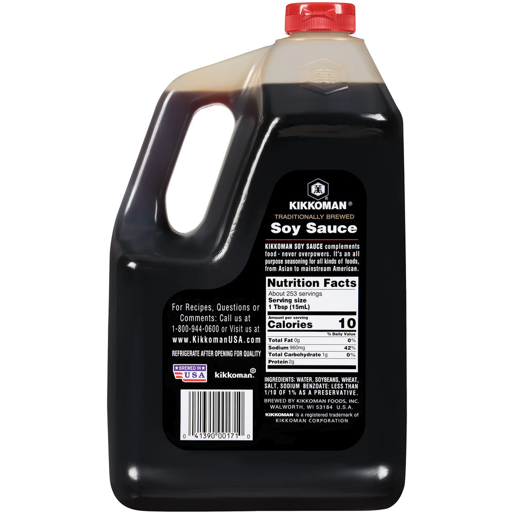 Kikkoman soy sauce pouring image showing versatile use in marinades and stir-fries.