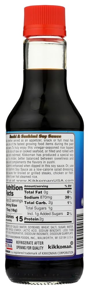 Kikkoman Sushi Sashimi Soy Sauce label close-up showing authentic flavor.