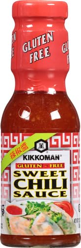 Kikkoman sweet chili sauce glossy texture suggests a quick stir-fry glaze.