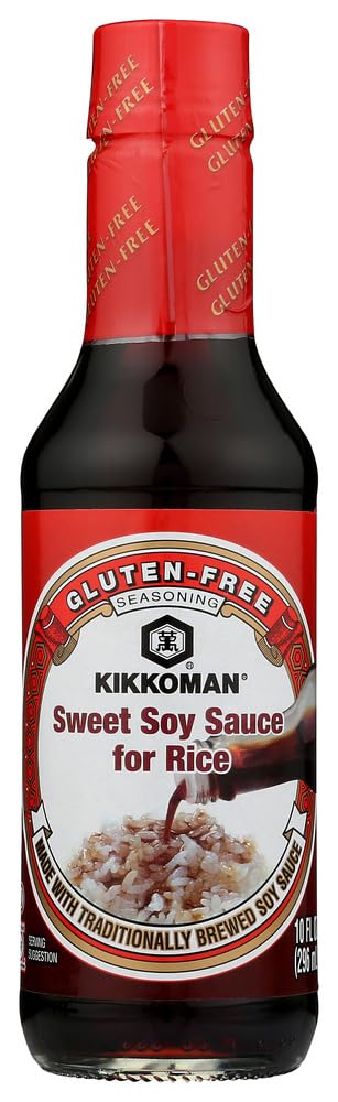 Kikkoman Sweet Soy Sauce bottle pouring over a dish, enhancing flavor with caramelized notes.
