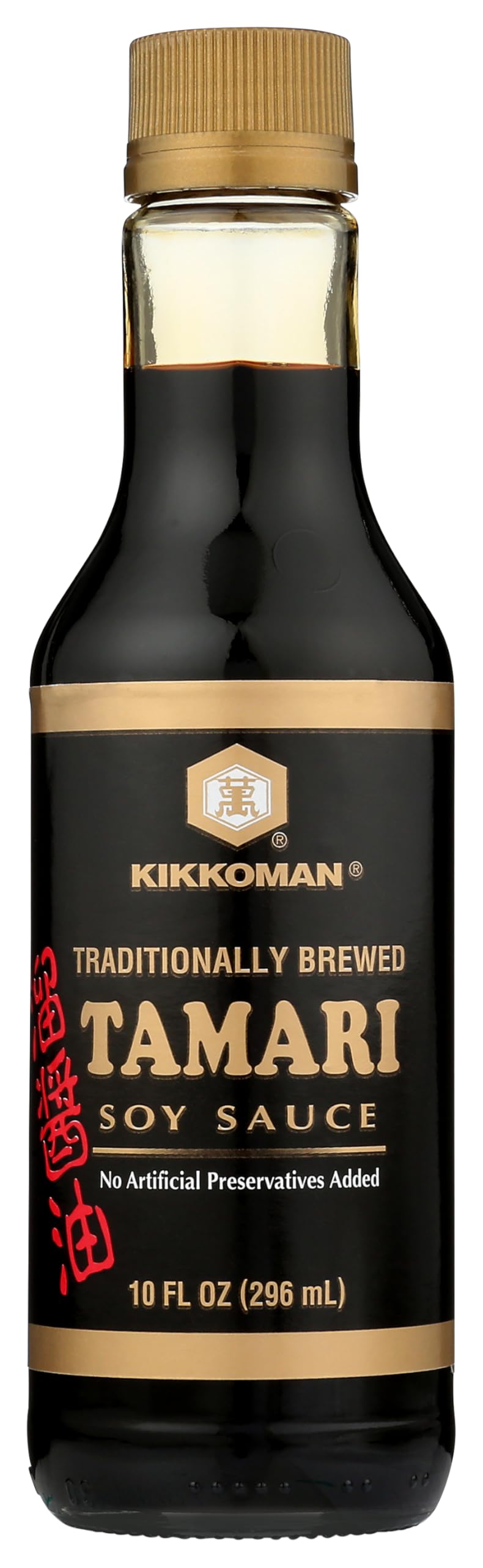 Kikkoman Tamari bottle front view highlighting rich color and premium quality.