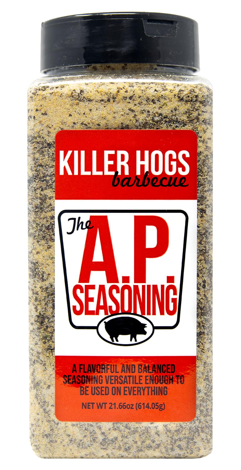 Killer Hogs AP seasoning bottle close-up for versatile meats.