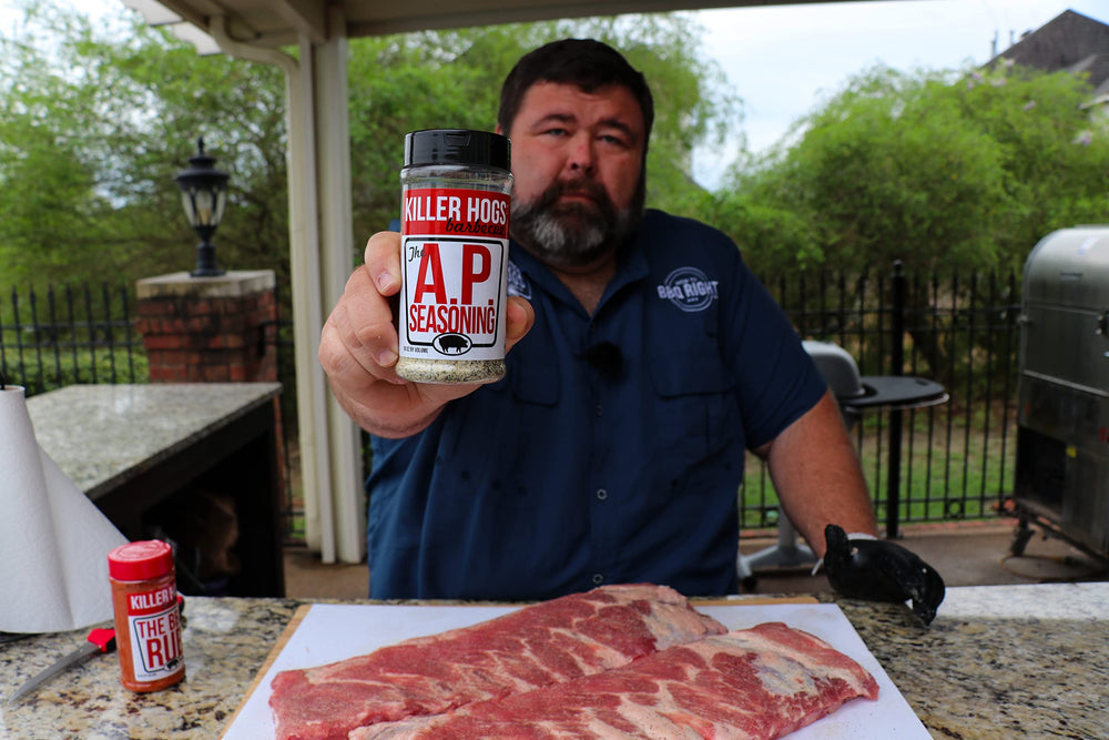 Killer Hogs AP seasoning display on pantry shelf at store.